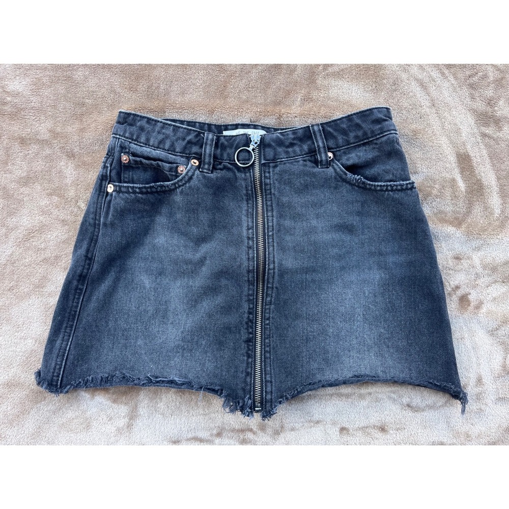 We The‎ Free Black Denim Mini Skirt Full Zipper Front Frayed Hem Size 26